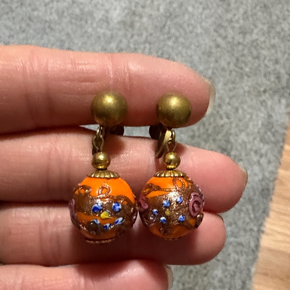 VINTAGE ORANGE WEDDING CAKE VENETIAN LAMP DROP POST 2.2" EARRINGS